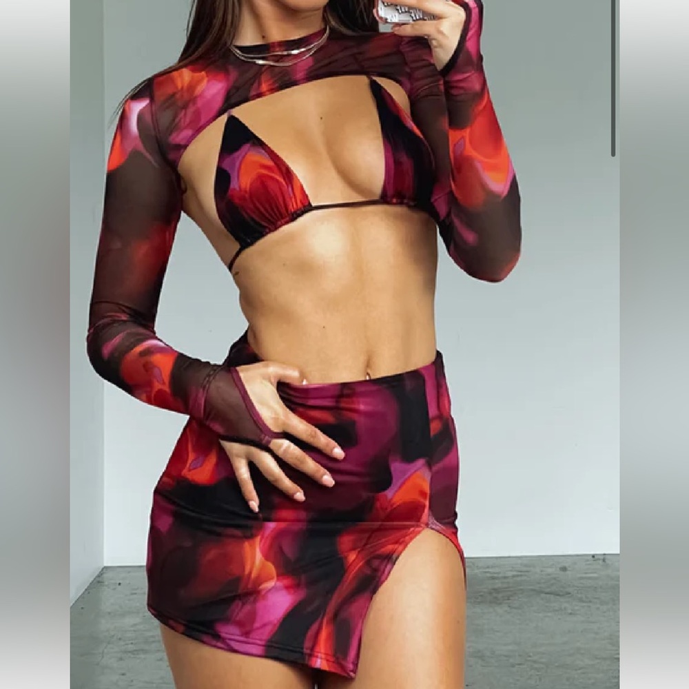 White Fox Boutique Red and Pink Swirl Cutout Mesh Two-Piece Set